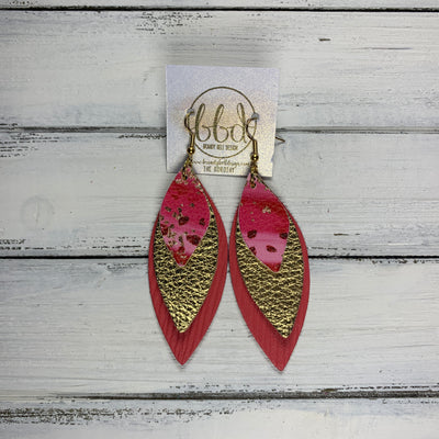 DOROTHY - Leather Earrings  ||  <BR> PINK OMBRE PAINT (FAUX LEATHER), <BR> METALLIC GOLD PEBBLED, <BR> SALMON PALMS