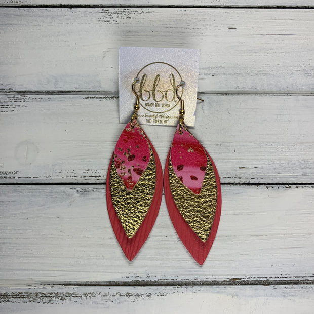 DOROTHY - Leather Earrings  ||  <BR> PINK OMBRE PAINT (FAUX LEATHER), <BR> METALLIC GOLD PEBBLED, <BR> SALMON PALMS