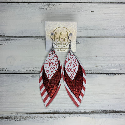 DOROTHY - Leather Earrings  ||  <BR> "LOVE" HEARTS (FAUX LEATHER), <BR> SHIMMER RED ON BLACK, <BR> MINI RED & WHITE STRIPES