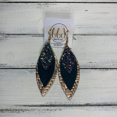 DOROTHY - Leather Earrings  ||  <BR> FORREST GLITTER (FAUX LEATHER), <BR> MATTE DISTRESSED TEAL, <BR> METALLIC ROSE GOLD BRAIDED