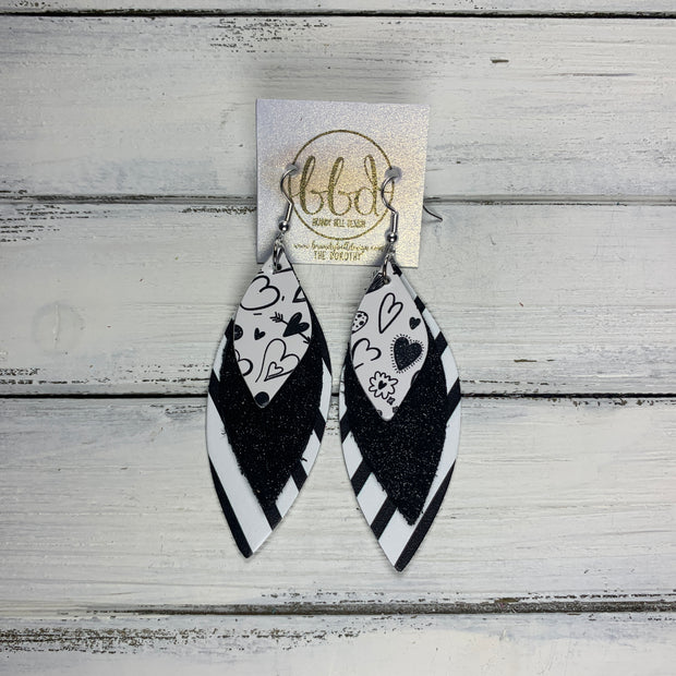 DOROTHY - Leather Earrings  ||  <BR> BLACK SCRIBBLED HEARTS, <BR> SHIMMER BLACK, <BR> MINI BLACK & WHITE STRIPES