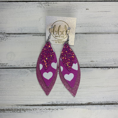 DOROTHY - Leather Earrings  ||  <BR> SASSY PINK GLITTER (FAUX LEATHER), <BR> LILAC HEARTS, <BR> SHIMMER PINK