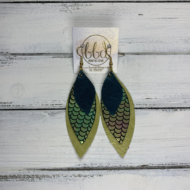 DOROTHY - Leather Earrings  ||  <BR> MATTE DISTRESSED TEAL, <BR> METALLIC PINK/GREEN MERMAID, <BR> YELLOW OCHRE
