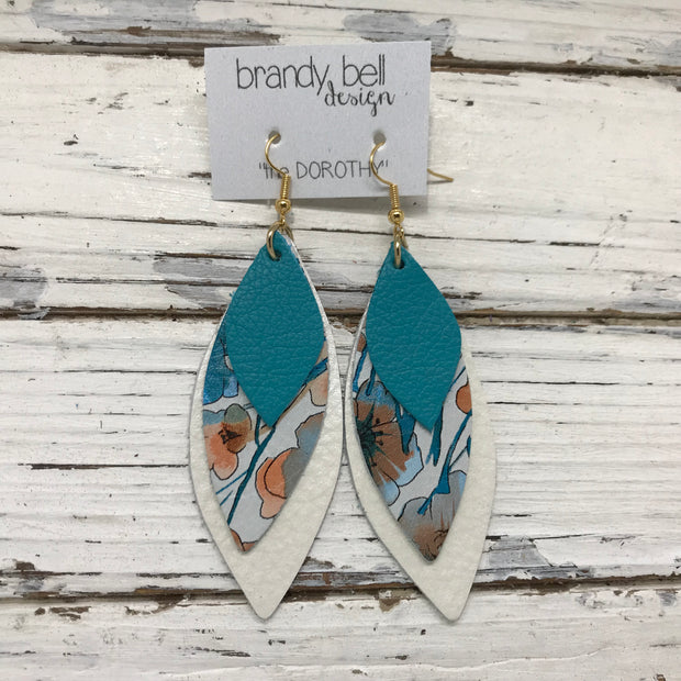 DOROTHY - Leather Earrings  || MATTE TEAL, ORANGE & TEAL WATRECOLOR FLORAL, PEARL