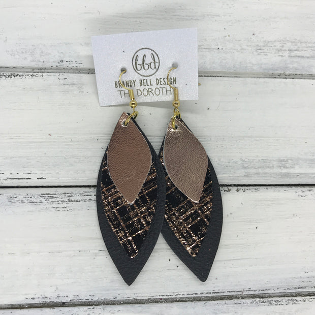 DOROTHY - Leather Earrings  ||  <BR> METALLIC ROSE GOLD SMOOTH,  <BR> ROSE GOLD PLAID ON BLACK,  <BR> MATTE BLACK