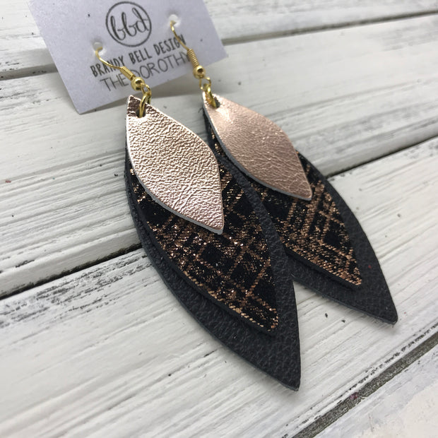 DOROTHY - Leather Earrings  ||  <BR> METALLIC ROSE GOLD SMOOTH,  <BR> ROSE GOLD PLAID ON BLACK,  <BR> MATTE BLACK