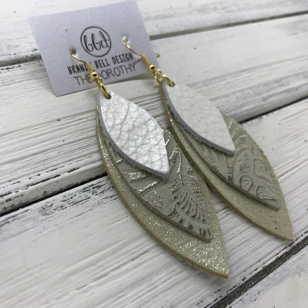DOROTHY - Leather Earrings  ||  <BR> PEARL WHITE,  <BR> METALLIC CHAMPAGNE WESTERN FLORAL,  <BR> SHIMMER GOLD