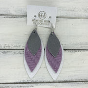 DOROTHY - Leather Earrings  ||  <BR> SHIMMER GRAY,  <BR> LILAC BRAIDED WEAVE,  <BR> MATTE WHITE