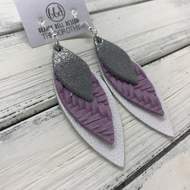 DOROTHY - Leather Earrings  ||  <BR> SHIMMER GRAY,  <BR> LILAC BRAIDED WEAVE,  <BR> MATTE WHITE
