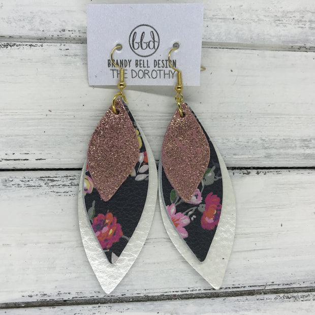 DOROTHY - Leather Earrings  ||  <BR> SHIMMER VINTAGE PINK,  <BR> PINK FLORAL ON BLACK,  <BR> PEARL WHITE