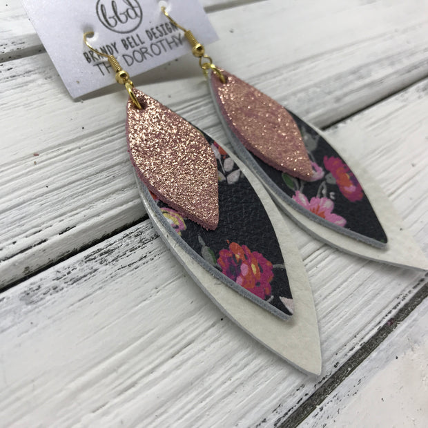 DOROTHY - Leather Earrings  ||  <BR> SHIMMER VINTAGE PINK,  <BR> PINK FLORAL ON BLACK,  <BR> PEARL WHITE