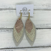 DOROTHY - Leather Earrings  ||  <BR> METALLIC ROSE GOLD PEBBLED,  <BR> ROSE GOLD HATCHING,  <BR> SHIMMER ROSE GOLD