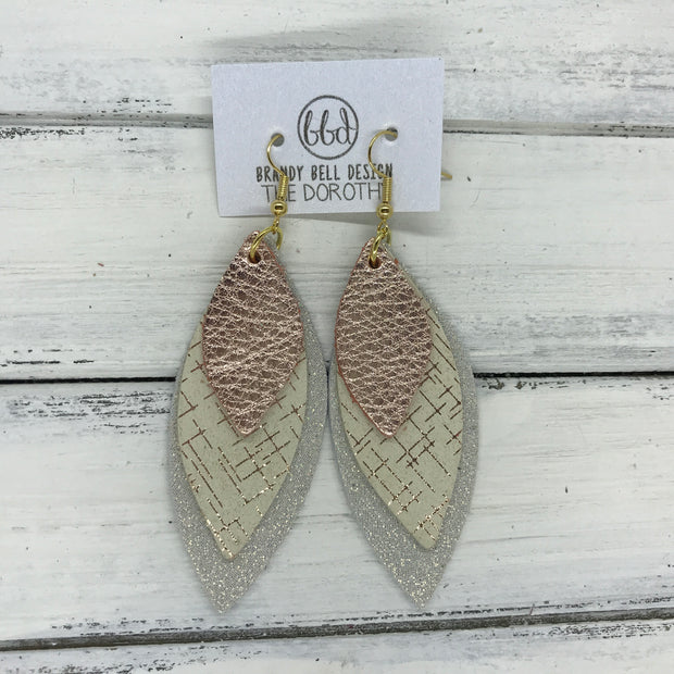 DOROTHY - Leather Earrings  ||  <BR> METALLIC ROSE GOLD PEBBLED,  <BR> ROSE GOLD HATCHING,  <BR> SHIMMER ROSE GOLD