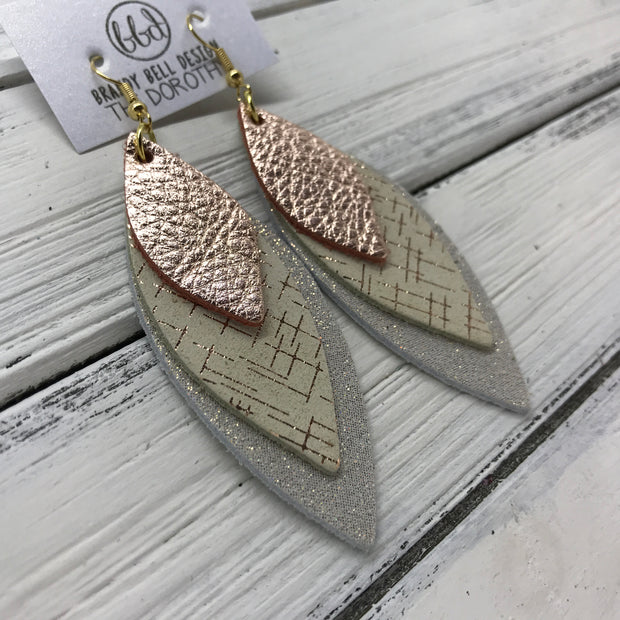 DOROTHY - Leather Earrings  ||  <BR> METALLIC ROSE GOLD PEBBLED,  <BR> ROSE GOLD HATCHING,  <BR> SHIMMER ROSE GOLD