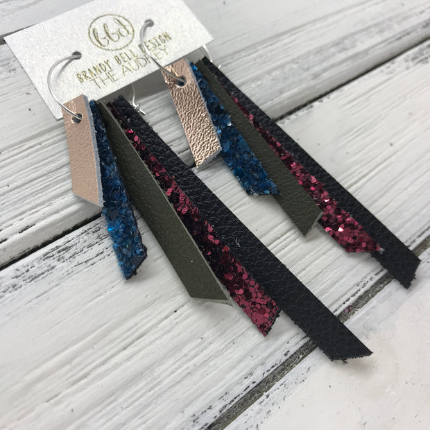 AUDREY - Leather Earrings  ||   METALLIC ROSE GOLD SMOOTH, DARK TEAL GLITTER, OLIVE GREEN, MULBERRY GLITTER, MATTE BLACK