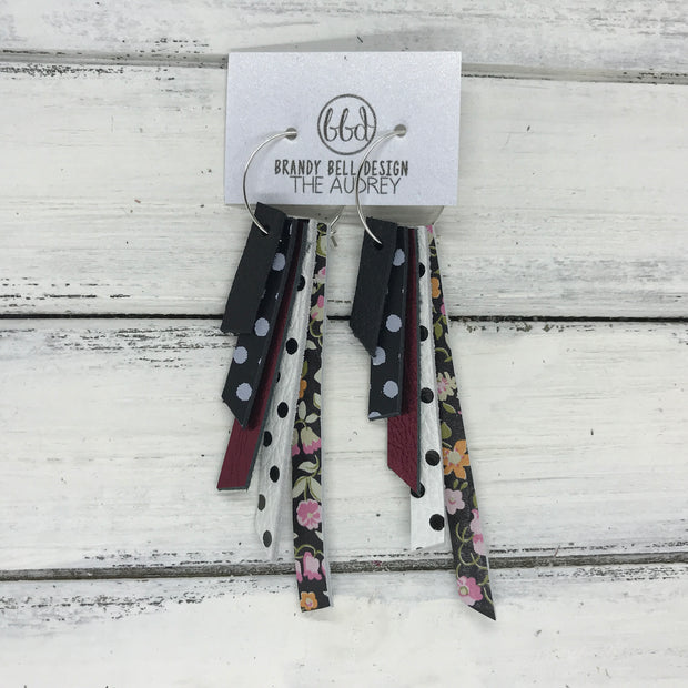 AUDREY - Leather Earrings  ||  MATTE BLACK, BLACK & WHITE POLKADOTS, METALLIC BURGUNDY, WHITE WITH BLACK POLKADOTS, MINI FLORAL ON BLACK