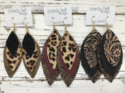 DOROTHY -  Leather Earrings  ||   <BR> BURGUNDY GLITTER (FAUX LEATHER), <BR> WHIMSICAL TREES ON WHITE, <BR> MATTE SPRUCE GREEN