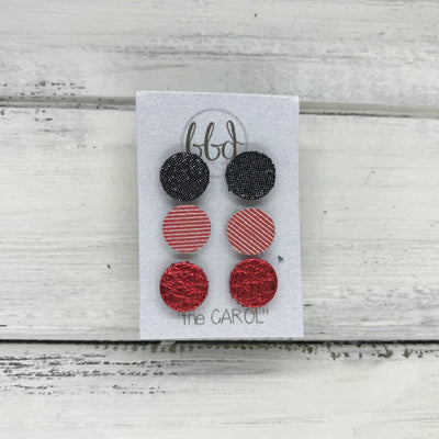 CAROL (3/PACK) - Leather Stud Earrings   ||  SHIMMER PEWTER, <BR> RED & WHITE STRIPES, <BR> METALLIC RED PEBBLED