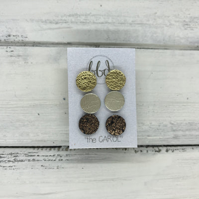 CAROL (3/PACK) - Leather Stud Earrings   ||  METALLIC GOLD, METALLIC CHAMPAGNE, SHIMMER COPPER