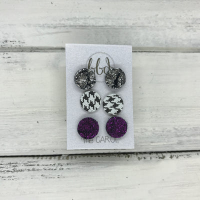 CAROL (3/PACK) - Leather Stud Earrings   ||  METALLIC CRACKLE SILVER, HOUNDSTOOTH, SHIMMER FUCHSIA
