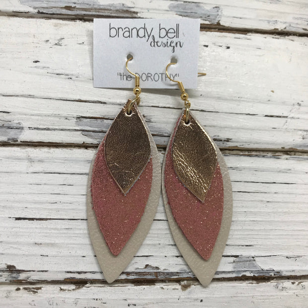 DOROTHY - Leather Earrings  ||  METALLIC SMOOTH ROSE GOLD, SHIMMER VINTAGE PINK, CHAMPAGNE PEARL