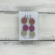 CAROL (3/PACK) - Leather Stud Earrings   ||  SHIMMER VINTAGE PINK, <BR> MATTE MAUVE, <BR> METALLIC CHAMPAGNE SMOOTH