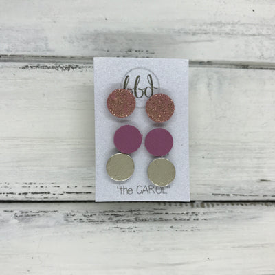 CAROL (3/PACK) - Leather Stud Earrings   ||  SHIMMER VINTAGE PINK, <BR> MATTE MAUVE, <BR> METALLIC CHAMPAGNE SMOOTH