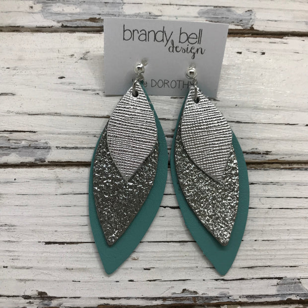 DOROTHY - Leather Earrings  || METALLIC SILVER SAFFIANO, IRIDESCENT SILVER CRACKLE, MATTE DUSTY AQUA