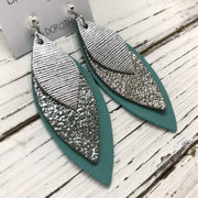 DOROTHY - Leather Earrings  || METALLIC SILVER SAFFIANO, IRIDESCENT SILVER CRACKLE, MATTE DUSTY AQUA