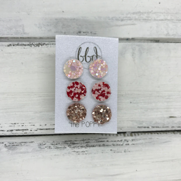 Poppy- 3 PACK  - FAUX LEATHER Glitter Stud Earrings || BALLET SLIPPER, <BR> RED & PINK, <BR> ROSE GOLD