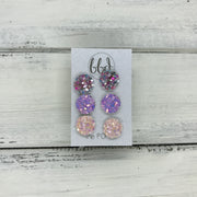 Poppy- 3 PACK  - FAUX LEATHER Glitter Stud Earrings || UNICORN SPRINKLES, <BR> PERIWINKLE, <BR> BALLET SLIPPER