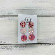 Poppy- 3 PACK  - FAUX LEATHER Glitter Stud Earrings || RED & PINK, <BR> BALLET SLIPPER, <BR> RASPBERRY FIZZ