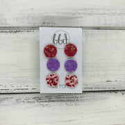 Poppy- 3 PACK  - FAUX LEATHER Glitter Stud Earrings || CANDY APPLE RED, <BR> PURPLE, <BR> RED & PINK