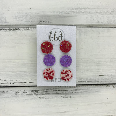 Poppy- 3 PACK  - FAUX LEATHER Glitter Stud Earrings || CANDY APPLE RED, <BR> PURPLE, <BR> RED & PINK