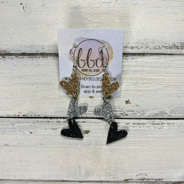 LINKED HEARTS -   Tiny Hearts Collection || Leather Earrings  ||   <BR>GOLD, SILVER & BLACK GLITTER ON THICK LEATHER