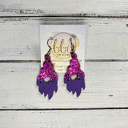 GNOME -  Leather Earrings  ||   <BR> METALLIC HOT PINK LEOPARD, <BR> MATTE PURPLE
