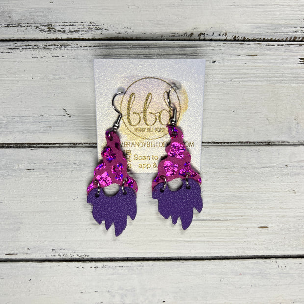 GNOME -  Leather Earrings  ||   <BR> METALLIC HOT PINK LEOPARD, <BR> MATTE PURPLE
