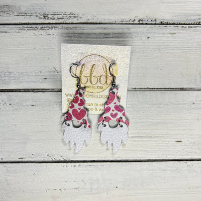 GNOME -  Leather Earrings  ||   <BR>PINK HEARTS, <BR> MATTE WHITE