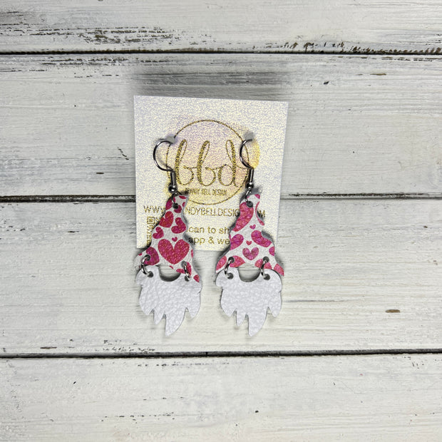 GNOME -  Leather Earrings  ||   <BR>PINK HEARTS, <BR> MATTE WHITE