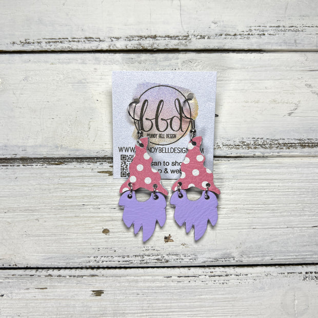 GNOME -  Leather Earrings  ||   <BR> PINK & WHITE POLKADOTS, <BR> MATTE LILAC