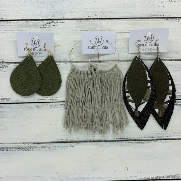 HALEY- Tassel Hoop Earrings <BR> OMBRE GRAY/BLUE TASSEL FRINGE