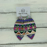 MAISY - Leather Earrings  ||  PURPLE, PINK, GREEN & BLACK/WHITE AZTEZ (PATTERN PLACEMENT WILL VARY*)