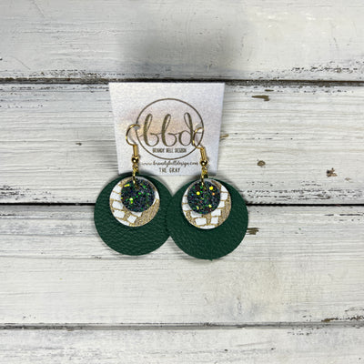 GRAY -  Leather Earrings  ||   <BR> FOREST GLITTER (FAUX LEATHER), <BR> GOLD & WHITE CHEVRON, <BR> MATTE EMERALD GREEN