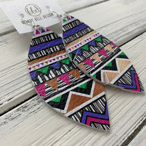 MAISY - Leather Earrings  ||  PURPLE, PINK, GREEN & BLACK/WHITE AZTEZ (PATTERN PLACEMENT WILL VARY*)