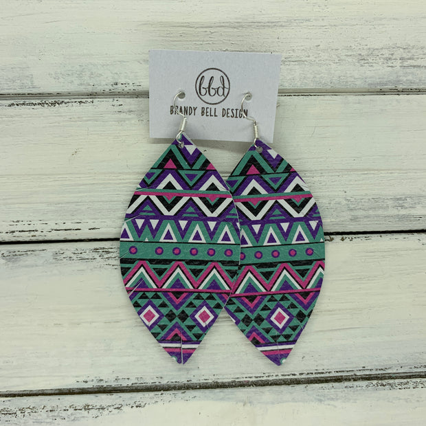 MAISY - Leather Earrings  ||  PURPLE, PINK, & AQUA AZTEZ (PATTERN PLACEMENT WILL VARY*)