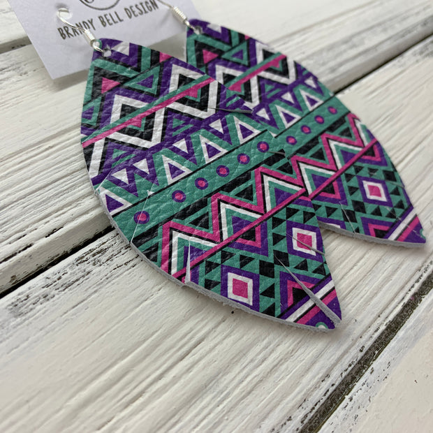 MAISY - Leather Earrings  ||  PURPLE, PINK, & AQUA AZTEZ (PATTERN PLACEMENT WILL VARY*)