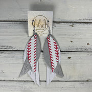 ANDY -  Leather Earrings  ||  <BR> BASEBALL THREADS (FAUX LEATHER), <BR> SHIMMER SILVER, <BR> MATTE WHITE (CUSTOM COLORS AVAILABLE!)