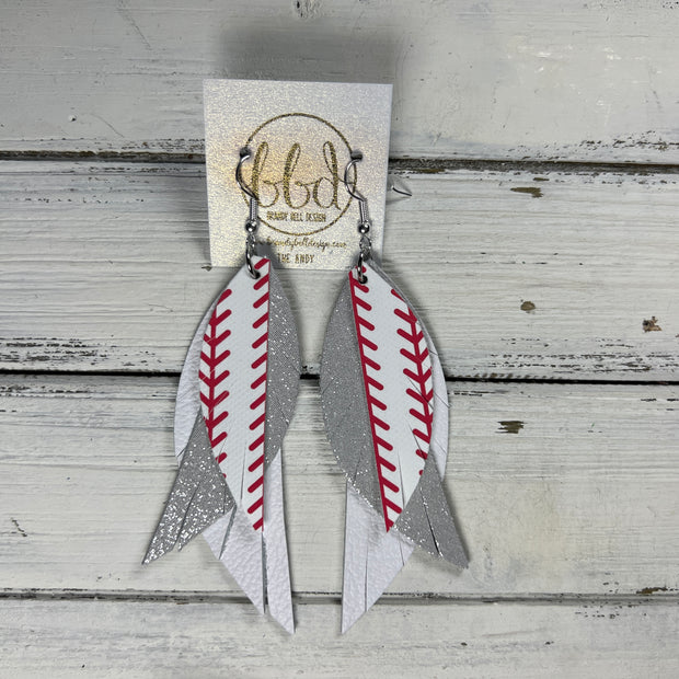 ANDY -  Leather Earrings  ||  <BR> BASEBALL THREADS (FAUX LEATHER), <BR> SHIMMER SILVER, <BR> MATTE WHITE (CUSTOM COLORS AVAILABLE!)