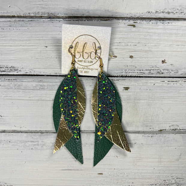 ANDY -  Leather Earrings  ||  <BR> FORREST GLITTER  (FAUX LEATHER), <BR> METALLIC GOLD SMOOTH, <BR> MATTE EMERALD GREEN