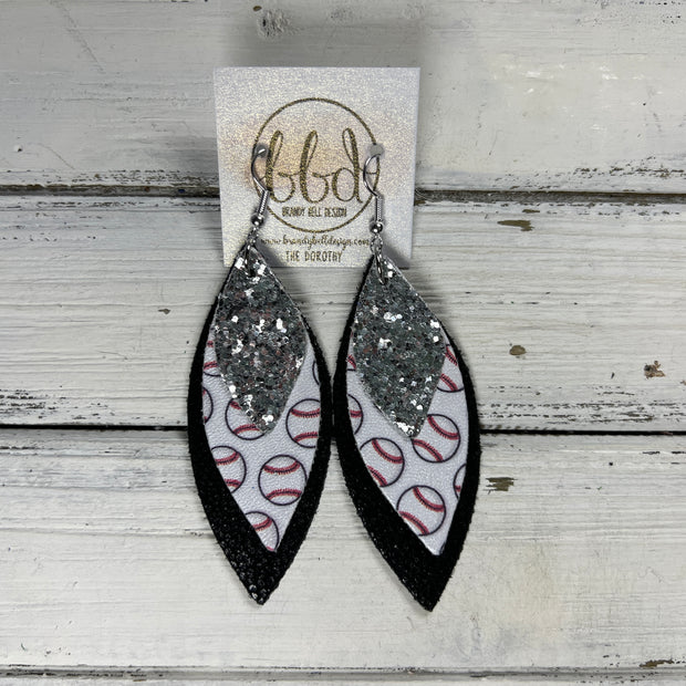 DOROTHY -  Leather Earrings  ||   , <BR> SILVER GLITTER (FAUX LEATHER), <BR> BASEBALLS (FAUX LEATHER), <BR> BLACK GLOSS DOTS (CUSTOM COLORS AVAILABLE!)